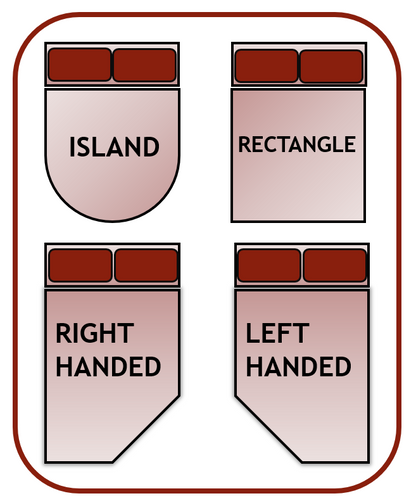 Showing island bedshape, rectangle bedshape and right hand cut off and left hand cut off bedshape